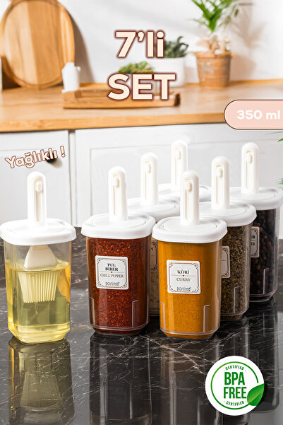 Porsima 4365 7-Piece Seasoning Container Set with Sliding Spoon, Leak-Proof Lid, Label, and Oil Dispenser - Storage Container