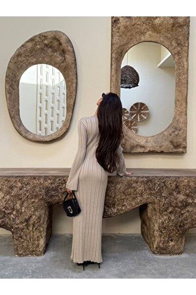 MODAMERSİ Γυναικείο Κρεμ Φόρεμα Πλεκτό Ισπανικό Μανίκι με Ζώνη