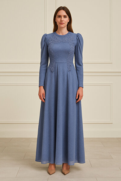 sweetyar Hakim Yaka Taşlı Boncuk İşlemeli Elbise – Kemerli, Dantel Dokulu, Midi Boy