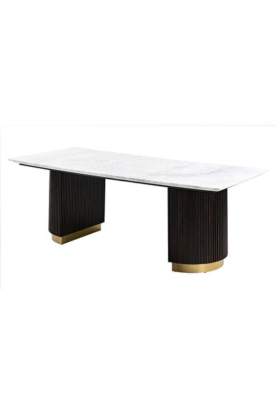 Danube Home Latymer 1+8 Marble Top Dining Set - White/Walnut/Gold, Solid Wood...
