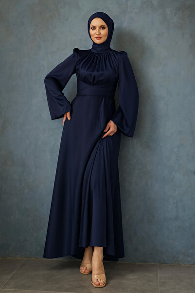 Modafeminen İspanyol Kol Beli Dolamalı Saten Abiye Elbise Lacivert 583163