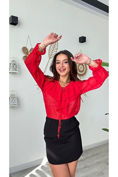 modadagiyim Women's Shirred and Sleeve Detailed Ruffled Tie-Up Chiffon Shirt Blouse