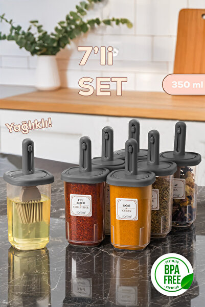 Porsima 4364 7-Piece Seasoning Container Set with Sliding Spoon, Leak-Proof Lid, Label, and Oil Dispenser - Storage Container