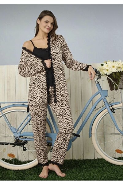 Pijamoni İpekli Kumaş Sabahlıklı Leopar Pijama Takımı 7570