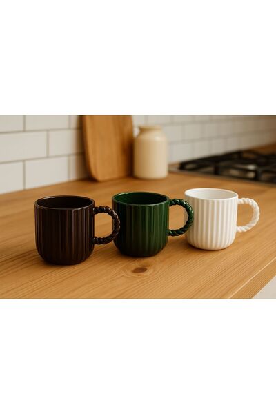 naturelove 3'lü Porselen Boncuk Kulplu Çay Kahve Bardağı Kupa, Siyah-Yeşil-Beyaz Kupa 330 Ml 3 Adet