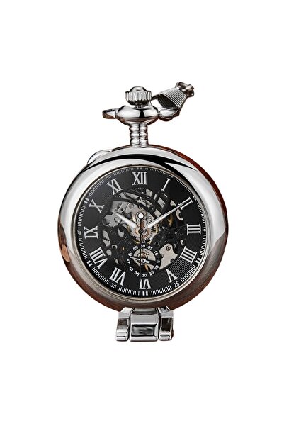 Gorben Ceas de buzunar argintiu PM229 - schelet mecanic, afișaj cu cifre romane, retro vintage