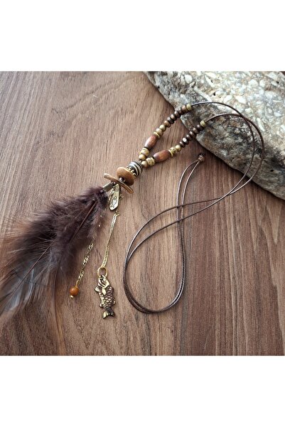azra takı tasarım Handmade Authentic Coffee Tones Wood and Feather Women Long Necklace