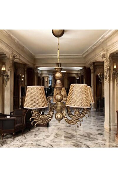 DEDE ÜZÜM KOL BEŞ KOLLU AVİZE ESKİTME KAPLAMALI KAHVERENGİ RATTAN ŞAPKALI