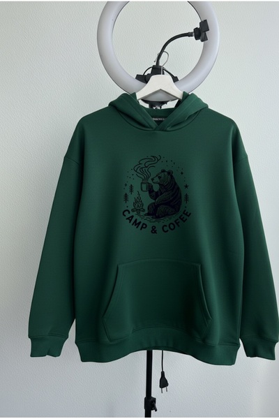 LORVEX Camp & Coffee Imprimeu frontal Pulover supradimensionat unisex din bum...