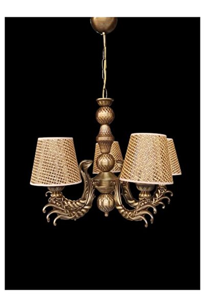 DEDE ÜZÜM KOL BEŞ KOLLU AVİZE ESKİTME KAPLAMALI KAHVERENGİ RATTAN ŞAPKALI