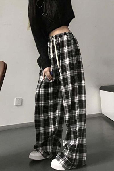 8line Μαύρο και άσπρο τετράγωνο καρό μοτίβο Unisex Φαρδιά φόρμα πιτζάμα