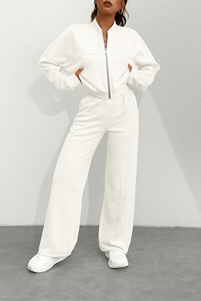 Deafox Σετ αθλητικής φόρμας από ύφασμα Ecru Modal με μαλακή υφή με φερμουάρ και λεπτομέρεια από κοτλέ