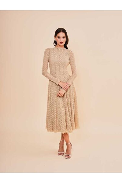 SERPİL Zarif Dantel Detaylı Uzun Kollu Midi Elbise 51210