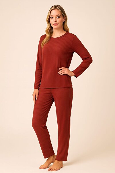 enmodaiçgiyim Tile Color Striped Women's Pajama Set – Long Sleeve, Comfortable Fit, Soft Fabric, Stretchy