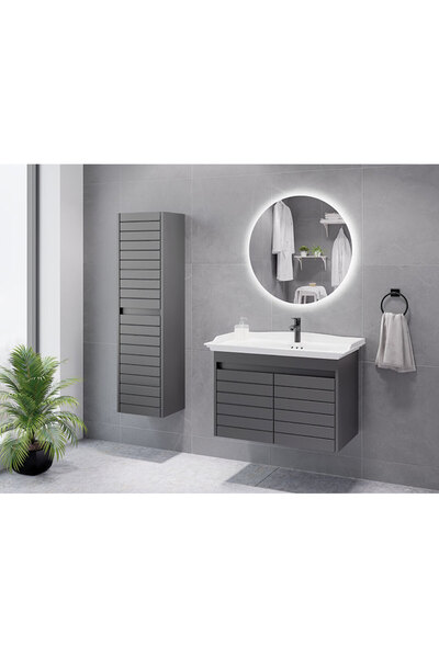 ROSEART BANYO KATMER ANTRASİT 80CM BANYO DOLABI SET HALİNDE LED AYNA + ALT MODÜL + SERAMİK LAVABO + BOY DOLAP