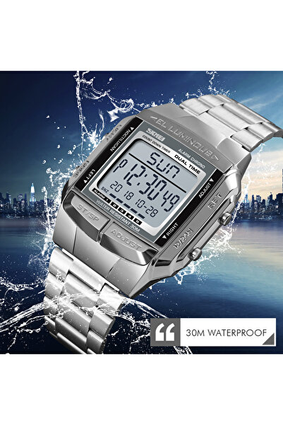 Skmei Ceas bărbătesc casual, cronograf, digital, cu alarmă LED, oțel inoxidabil