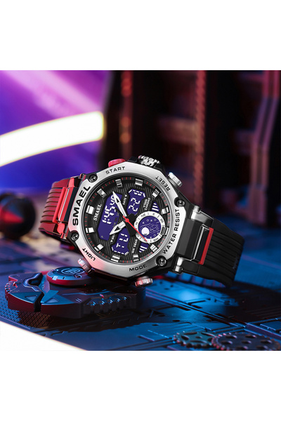 SMAEL Ανδρικό Αθλητικό Ρολόι με Ημερομηνία και Ξυπνητήρι, Ψηφιακό Quartz, Μαύρο-Ασημί