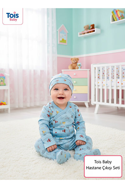 Tois Baby Desenli Patikli Organik Hastahane Çıkışı Bebek Takımı 0-3 Ay Mavi