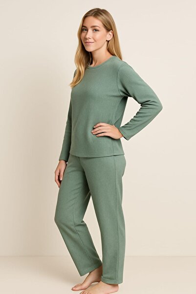 enmodaiçgiyim Mint Green Striped Women's Pajama Set – Long Sleeve, Comfortable Fit, Soft Fabric, Stretchy