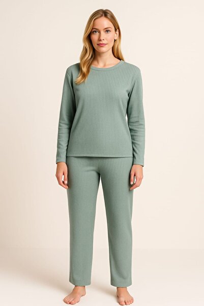 enmodaiçgiyim Mint Green Striped Women's Pajama Set – Long Sleeve, Comfortable Fit, Soft Fabric, Stretchy