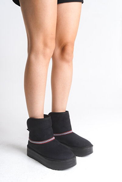 LUFENS Nova Kadın Kışlık Kalın Taban İçi Kürklü Süet Siyah Katlanır Bot