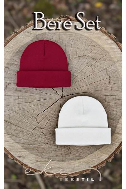 Eke Tekstil Unisex Folded Red and White 2-Piece Beanie Set Ekebereseti̇2Li̇yeni̇
