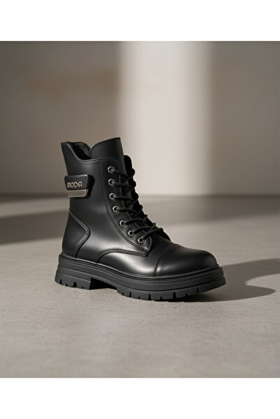 Elit 4697 Μαύρες γυναικείες μπότες με ζεστή επένδυση από δέρμα και άνετα με κορδόνια