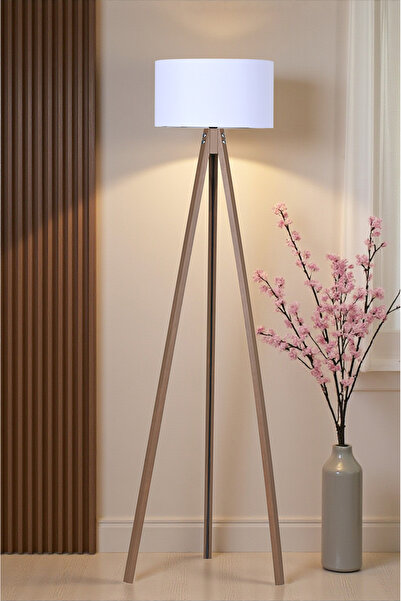 Lambazade Ahşap Gövdeli Kahverengi Ayaklı Lambader Beyaz Başlık