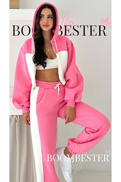BoomBester Γυναικείο Σετ Φόρμας Χειμερινής Φόρμας Τριών Κλωστών 100% Βαμβάκι Oversize - Ροζ με Κορσέ με Κορδόνια και Λεπτομέρειες με Ρίγες