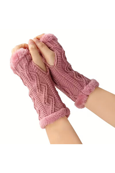 TATA CRAFT Kışlık Kürklü Örgü Parmaksız Moda Eldiven Unısex Özel Tasarım İçi ...