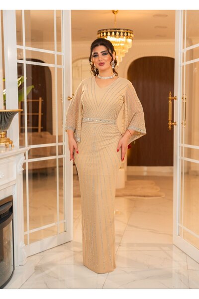 ZENABİYEM Zena Fashion Boncuk İşlemeli Kelebek Kollu Şeritli Abiye