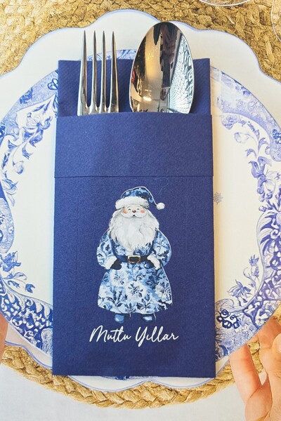 PEKSHOP مناديل عيد الميلاد بتصميم سانتا كلوز باللون الأزرق الداكن والأبيض مع ...