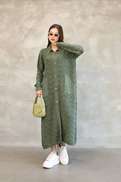 AYASOFYA OTANTIK Women's Khaki Shirt Collar Button Closure Pocketed Vintage Loose Cotton Knitwear Long Cardigan Cap