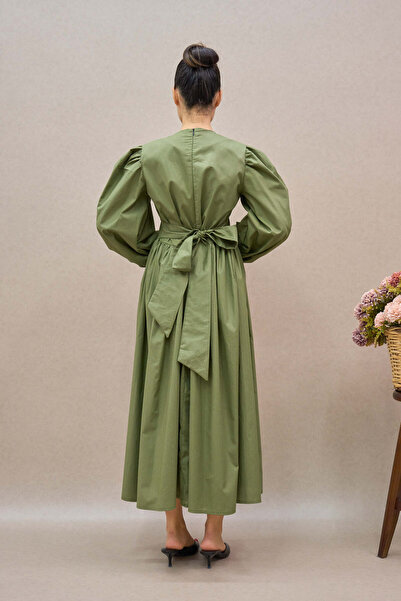 KÜÇÜĞÜM BUTİK Πλισέ Χακί Πράσινο Ποπλίν Μακρύ Γυναικείο Φόρεμα