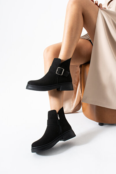 HVZ Exclusive Siyah Süet Tokalı Fermuarlı Rahat Comfort Bot