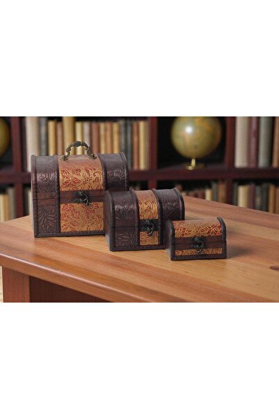 e-life shop Lüks İşlemeli Vintage Eskitme Tasarımlı 3lü Sandık Çok Amaçlı Tak...