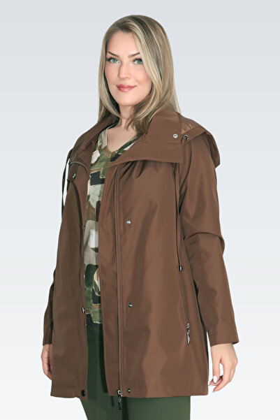 TOLGA SARAÇOĞLU 60131 KAHVERENGİ DEMONTE KAPÜŞON DEVRİK YAKA RAHAT KESİM TRENÇKOT