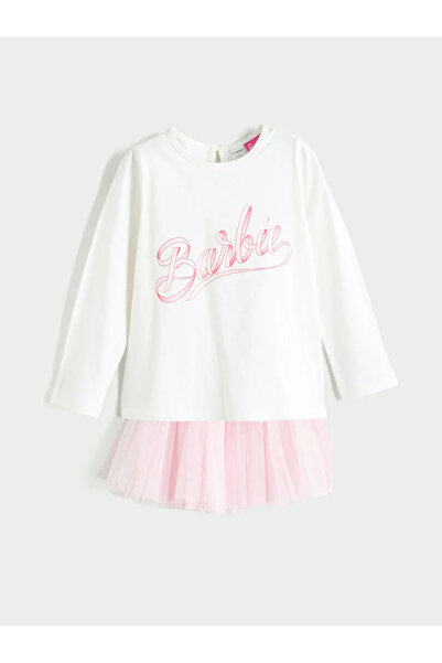 LC Waikiki Lcw Kids Ecru Barbi Printed Girl's Blouse and Tutu Skirt 2-Piece Set