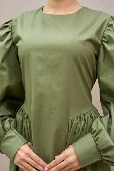 KÜÇÜĞÜM BUTİK Πλισέ Χακί Πράσινο Ποπλίν Μακρύ Γυναικείο Φόρεμα