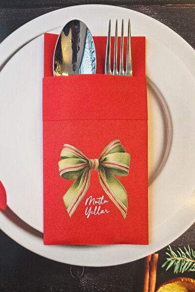 PEKSHOP مناديل عيد الميلاد بتصميم فيونكة خضراء أنيقة ونسيج أحمر مزخرف مع جيوب...