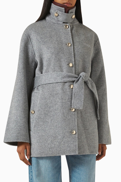 Maje Gecana Gri Yün Kemerli Palto, Deri Yaka Detaylı Zamansız Şıklık