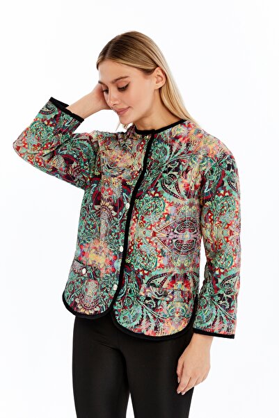 moda benna Women's Ethnic Patterned Bomber Jacket with Quilted Snap Fasteners