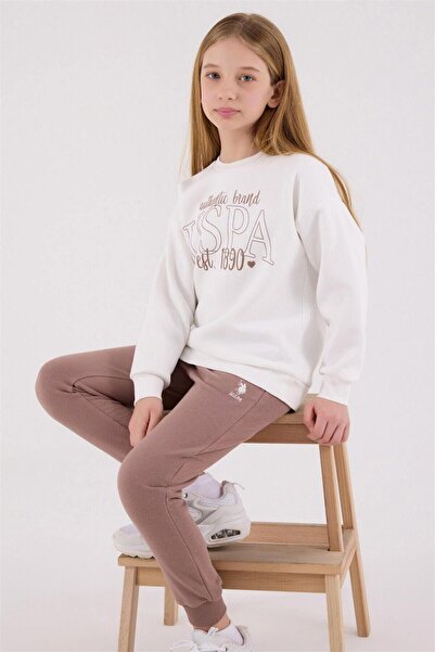 U.S. Polo Assn. Polo Kız Çocuk Rahat Uzun Kollu Pamuklu Pijama Takımı Ekru Yumuşak Kumaş