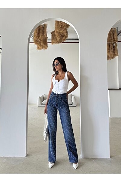 LOS FECHKA Kadın Mavi Renk Taş Detaylı Palazzo Pantolon