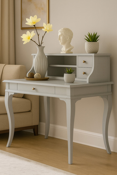 Wooding Mobilya 100 Cm 5 Çekmeceli Masif Açık Gri Raflı Çalışma Masası