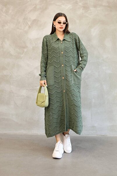 AYASOFYA OTANTIK Women's Khaki Shirt Collar Button Closure Pocketed Vintage Loose Cotton Knitwear Long Cardigan Cap