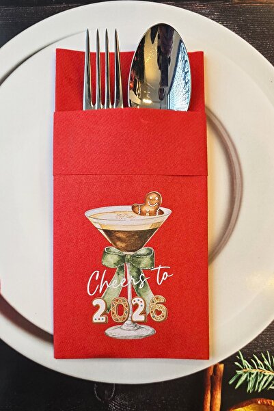 PEKSHOP Kumaş Dokulu Kırmızı Kadehte Kurabiye Adam Tasarım Cepli Yılbaşı Peçetesi 6lı Paket