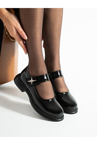 ALEMDAR AYAKKABI Clash Black Patent Leather Velcro Women's Loafer with Hard Hat