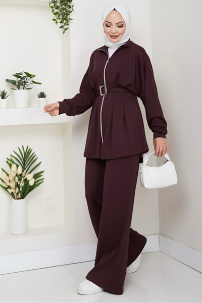 Bestenur Dilsa Belted Double Set 1607 - Plum