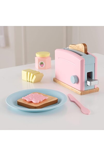 KIDKRAFT Wooden Toaster Playset with 8 Pieces and Working Handle, Play Kitchen Toy - Pastel, Gift fo